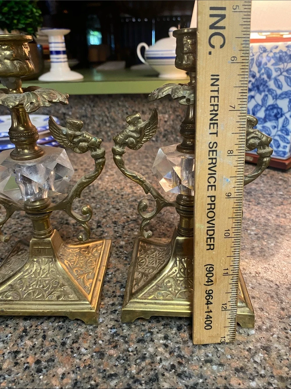 Vintage Brass & Faceted Crystal Candlestick Holders Pair